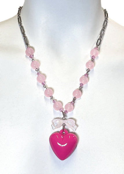 ◆VVV◆ Pink Ribbon Heart Mix Bead Necklace 23FWNK086PKF ◇VVV◇ Pink Ribbon Heart Mix Bead Necklace 23FWNK086PKF